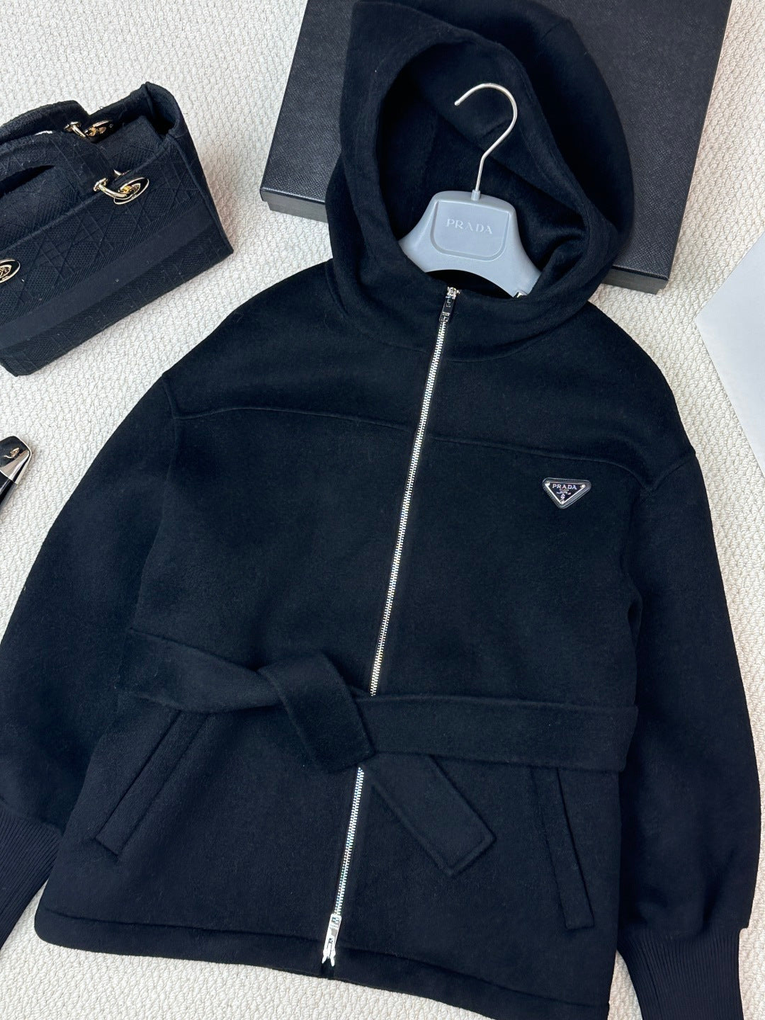 Prada 25 Hooded Coat Black Wool 637349