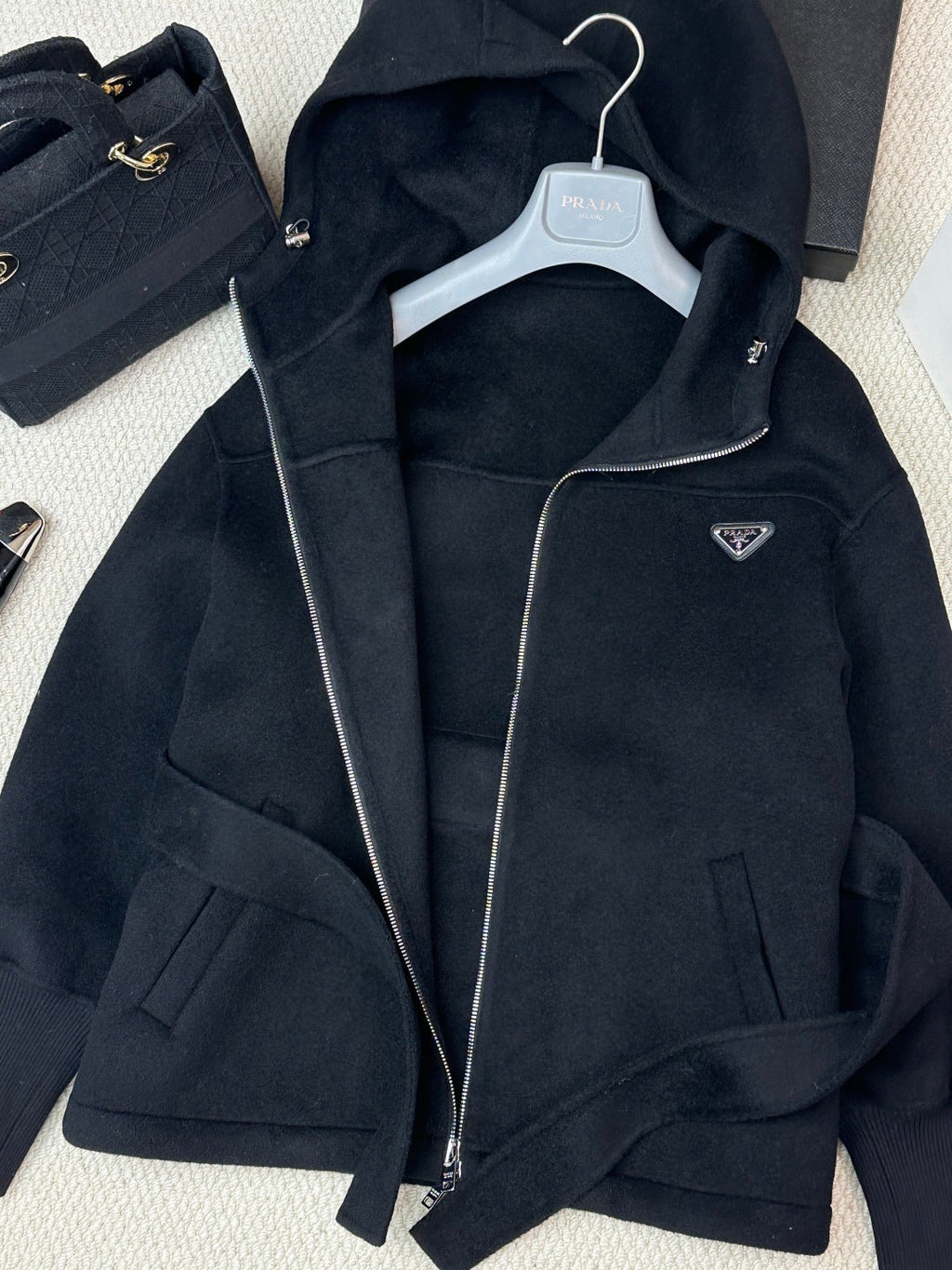 Prada 25 Hooded Coat Black Wool 637349