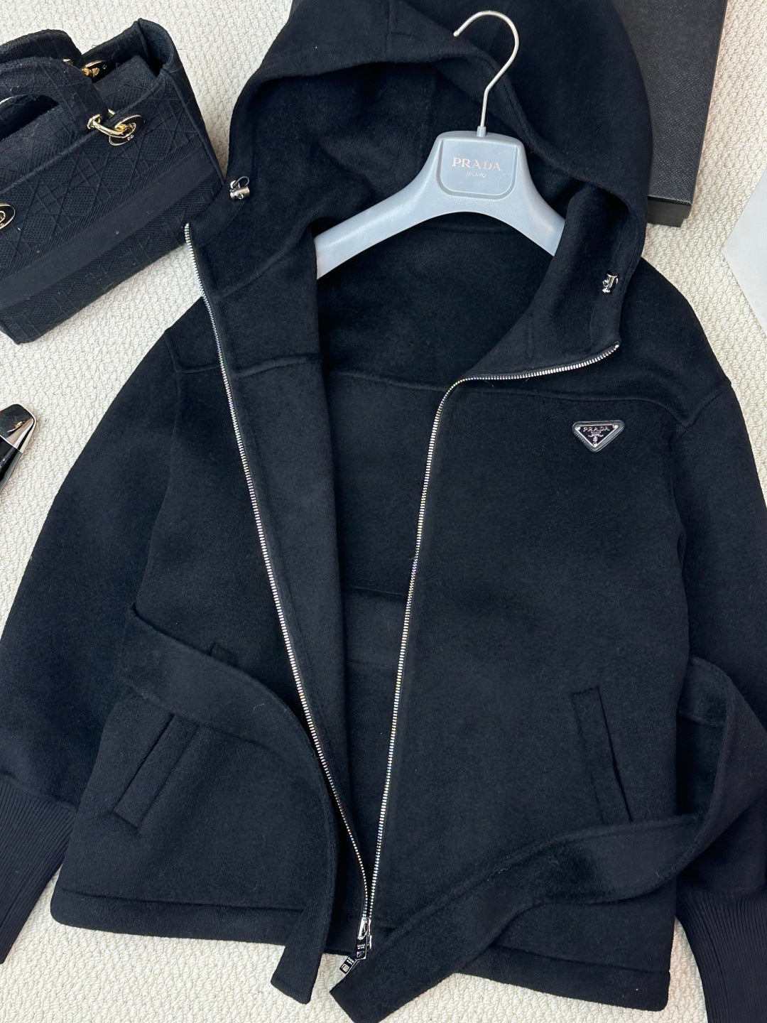 Prada 25 Hooded Coat Black Wool 637349