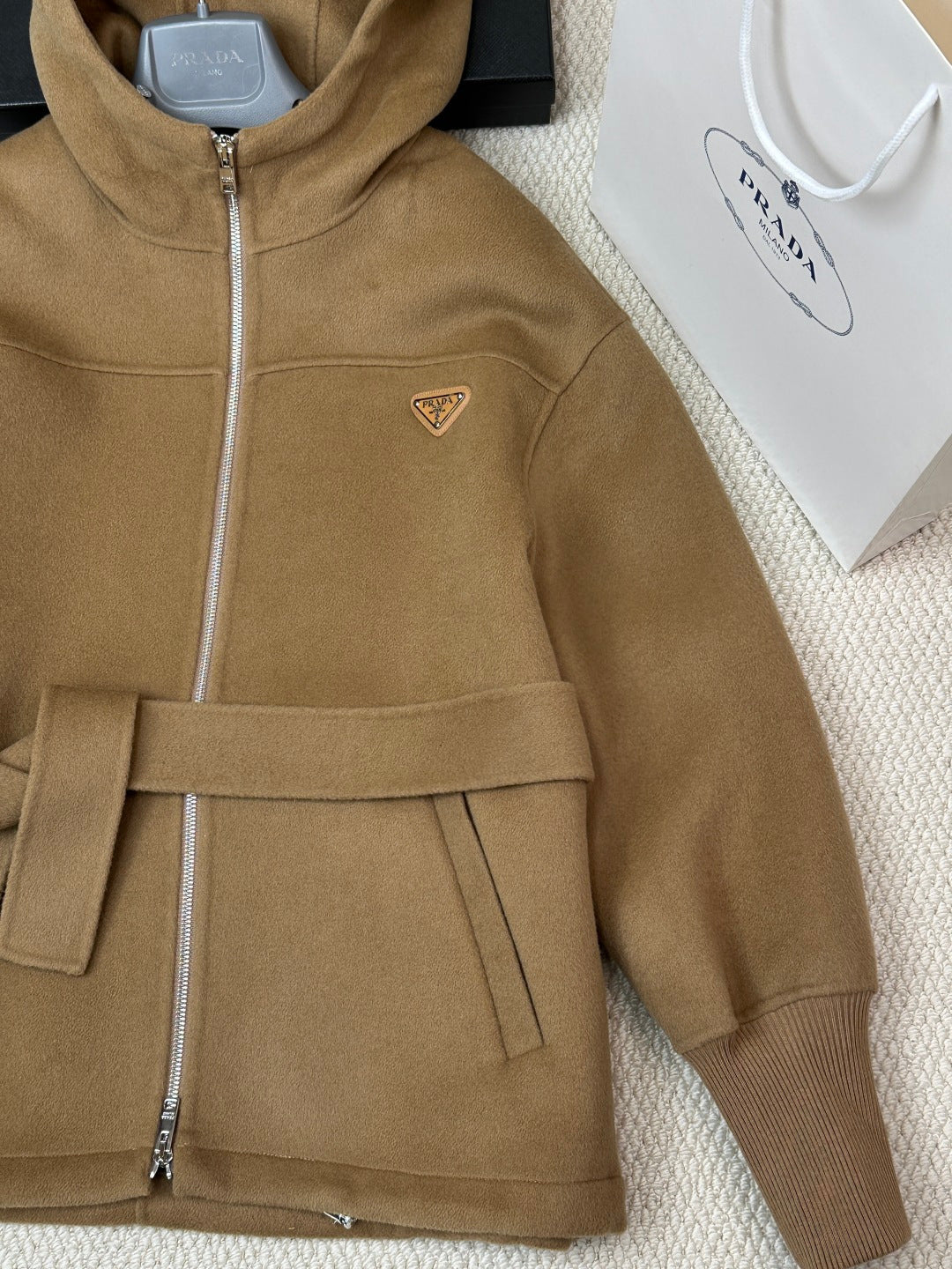 Prada 25 Hooded Coat Camel Wool 637350