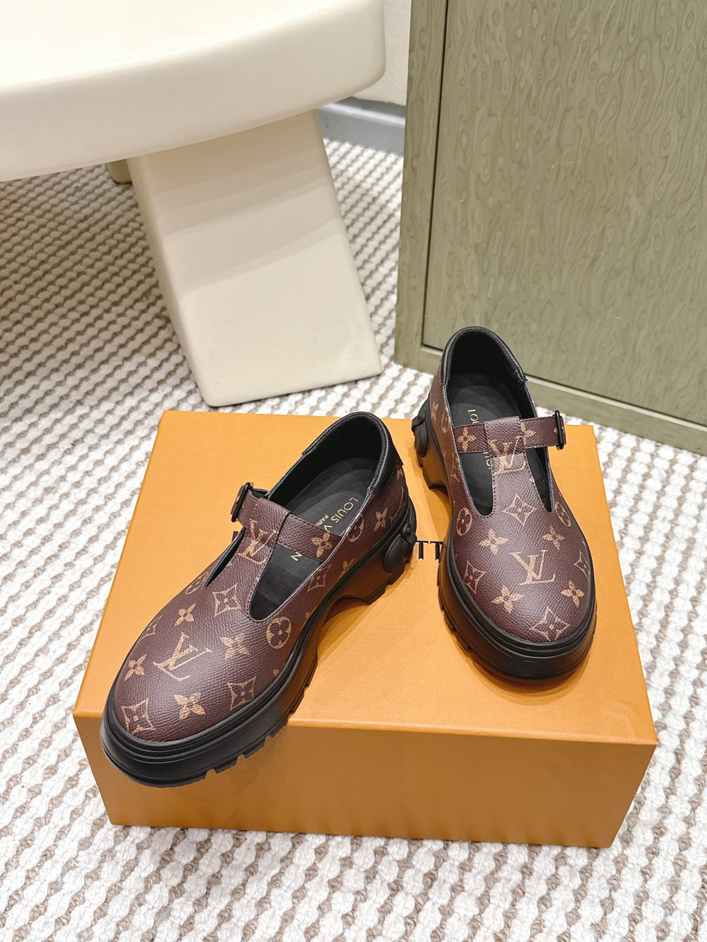 LV Squad Mary Jane Brown Black Monogram Canvas 556408