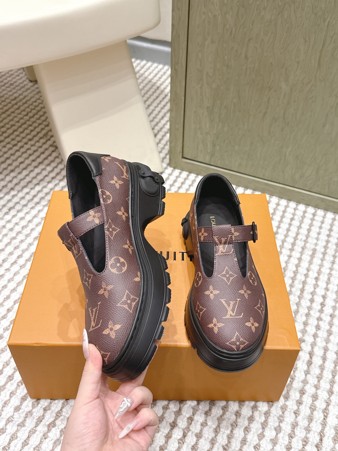 LV Squad Mary Jane Brown Black Monogram Canvas 556408