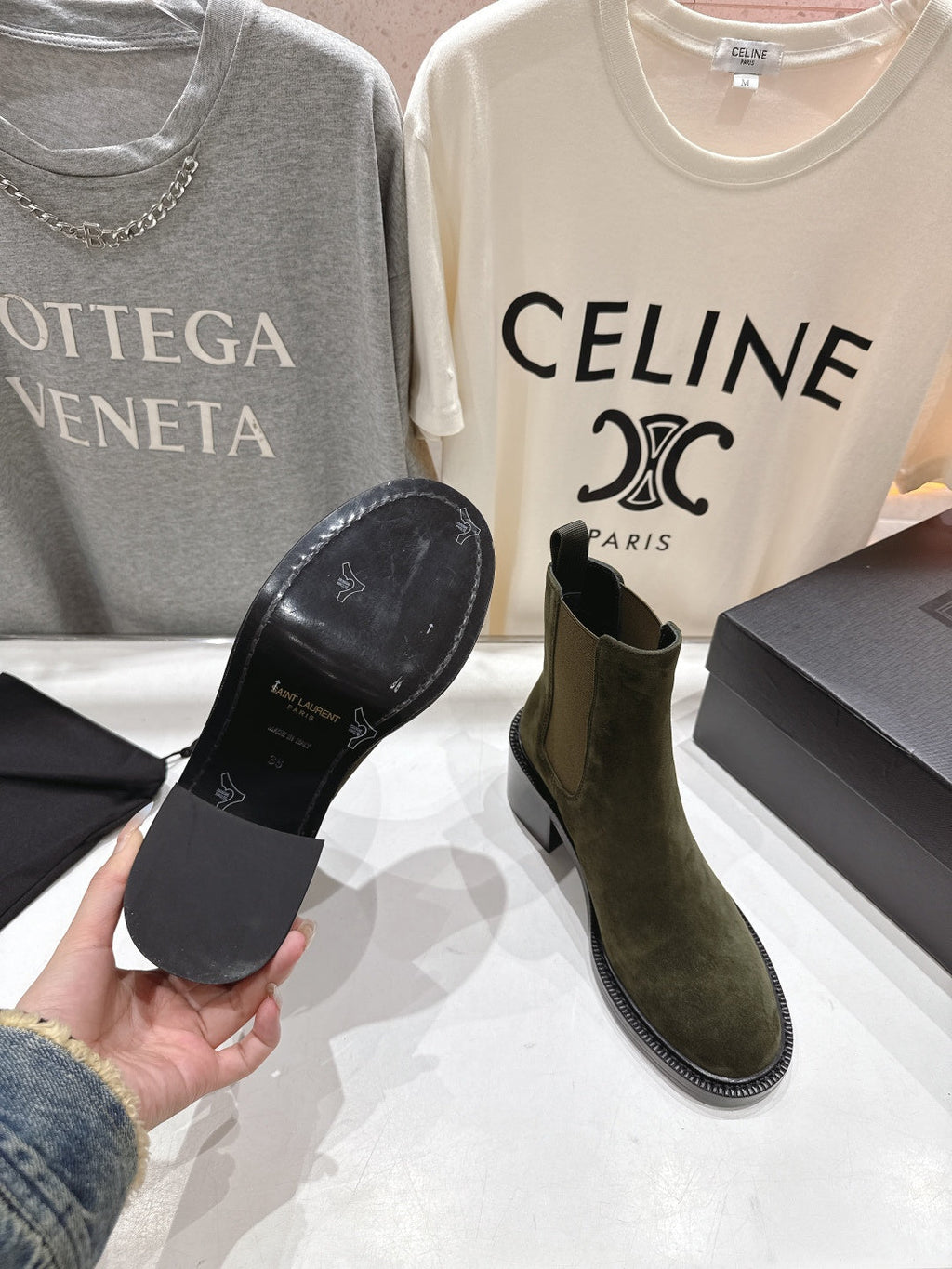 YSL 2025 Short Boot Green Suede 567583