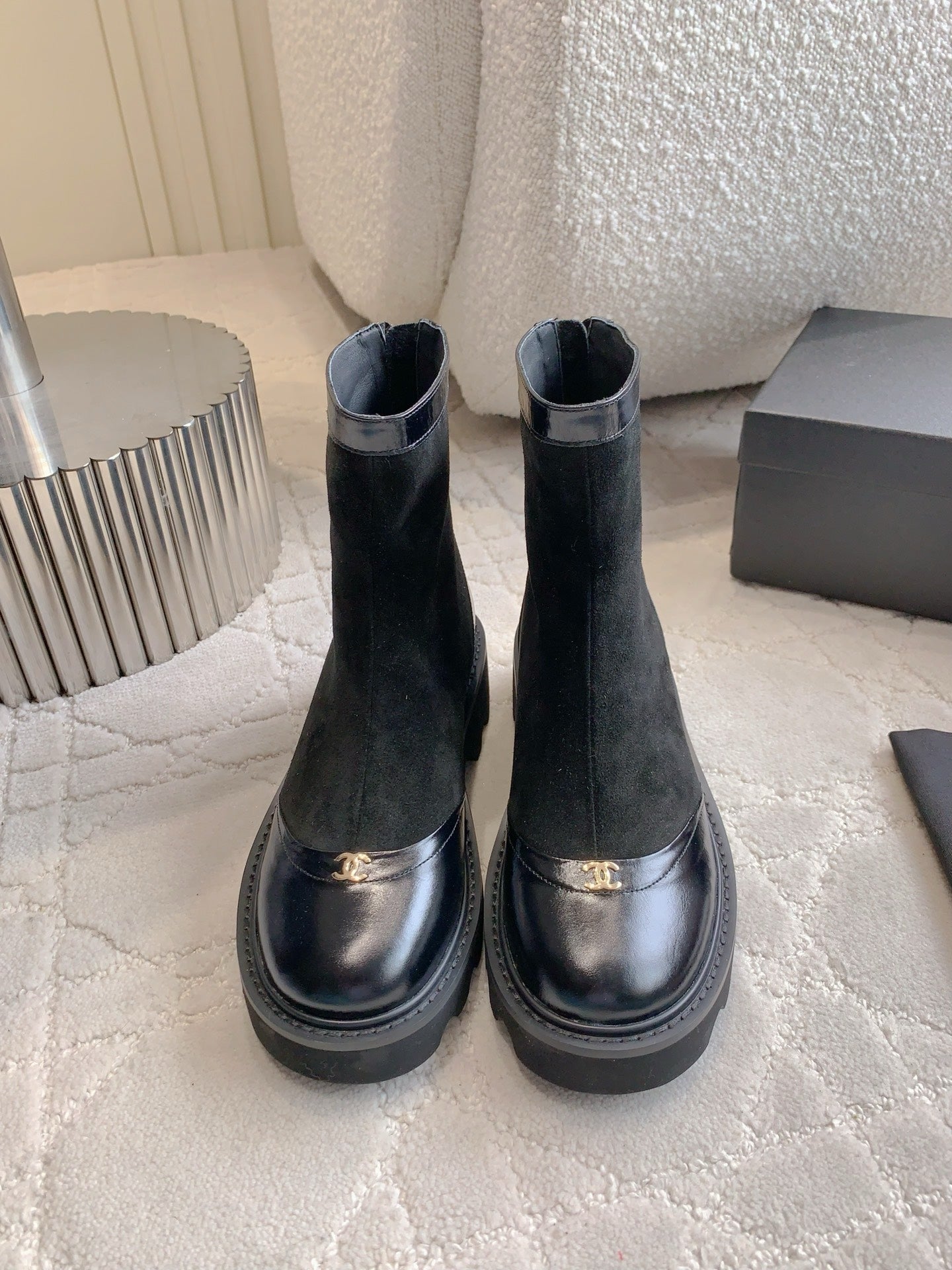 CC New Platform Ankle Boots Black Suede Glossy Sheepskin