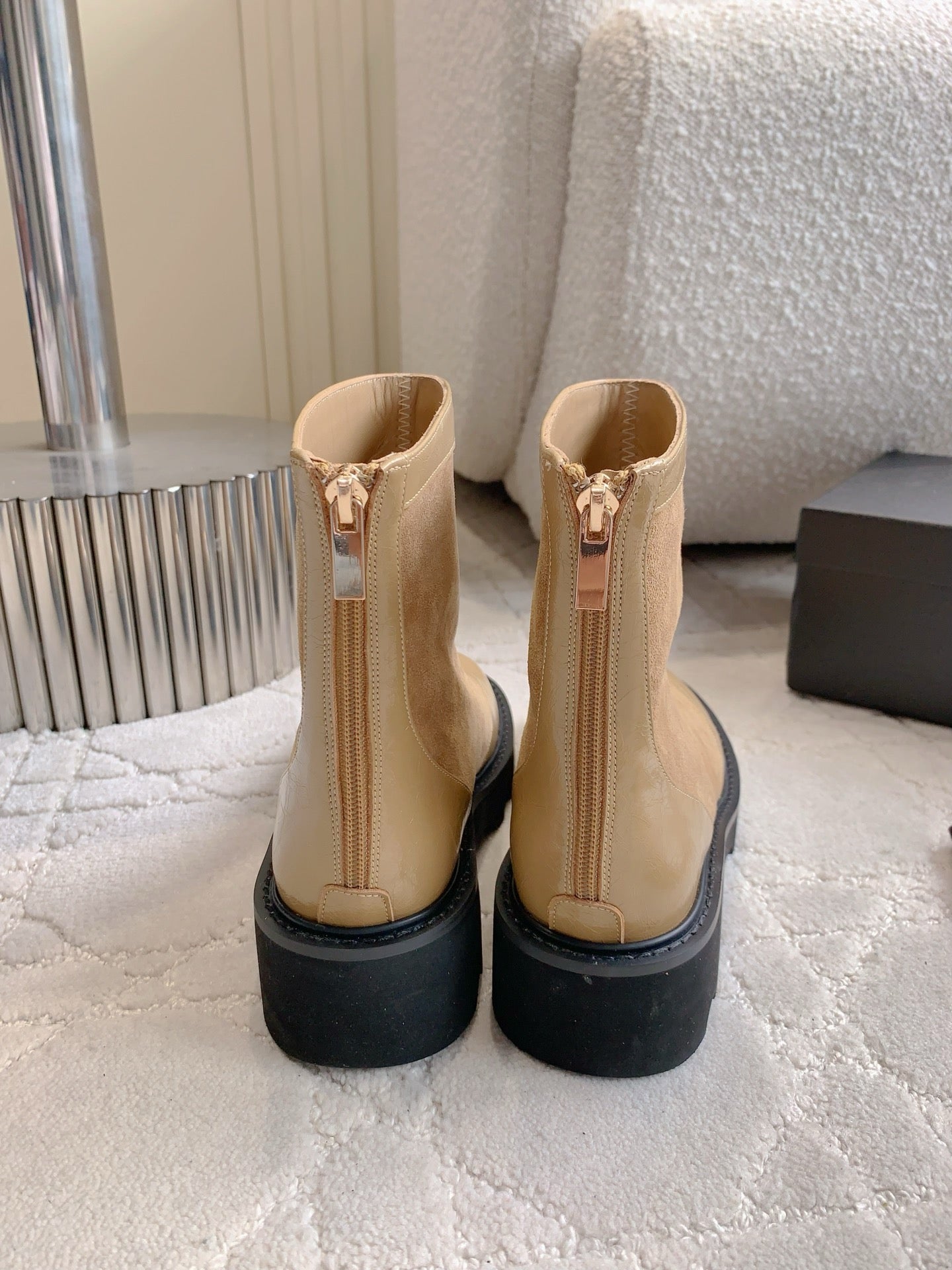 CC New Platform Ankle Boots Light Brown Suede Glossy Sheepskin