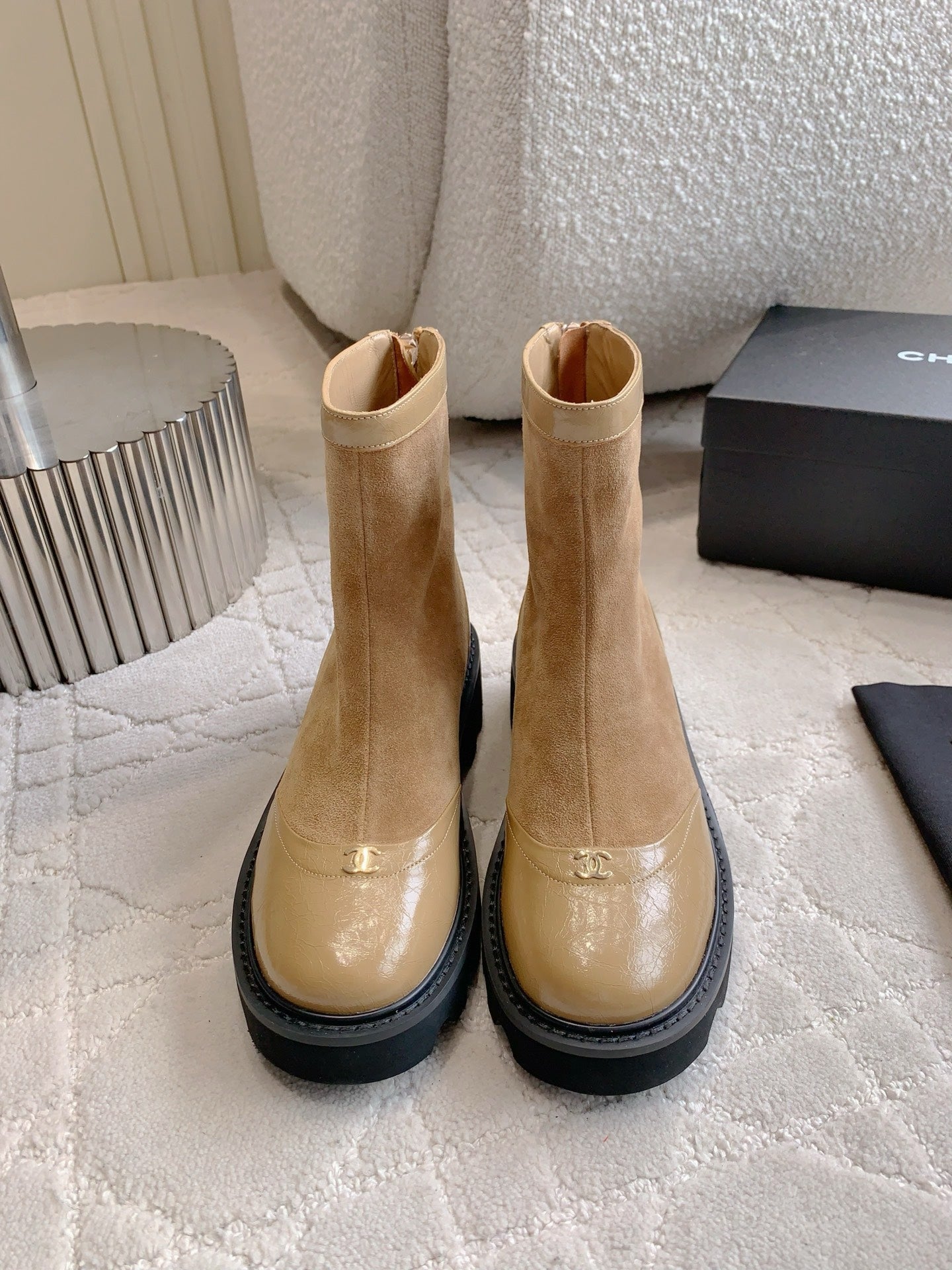 CC New Platform Ankle Boots Light Brown Suede Glossy Sheepskin