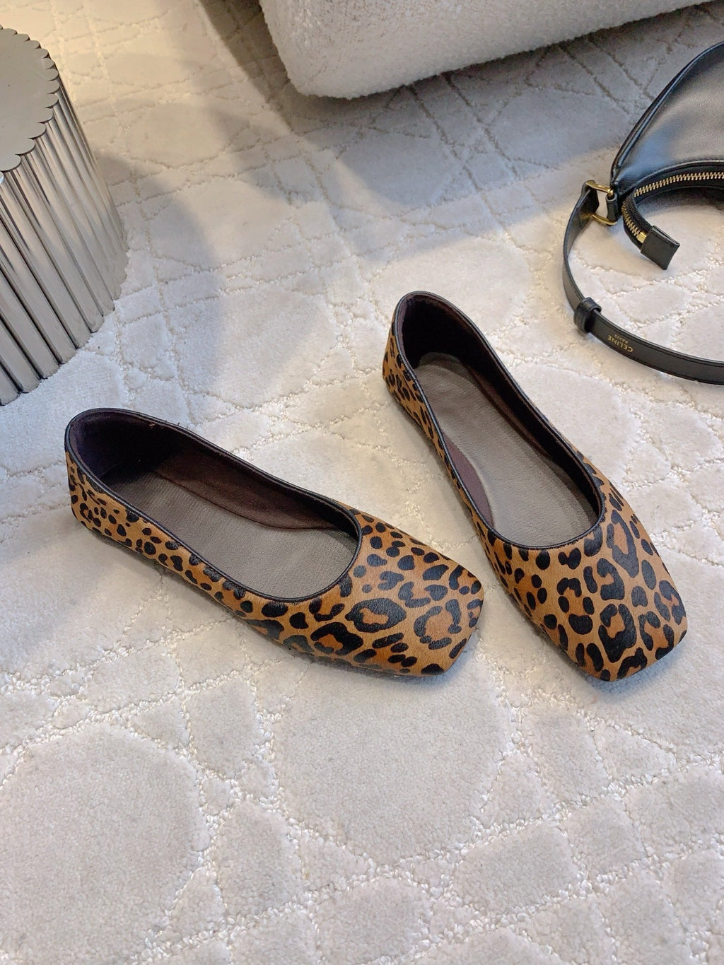 The Row 2025 Square-toe Ballet Flat Leopard Sheepskin 557427
