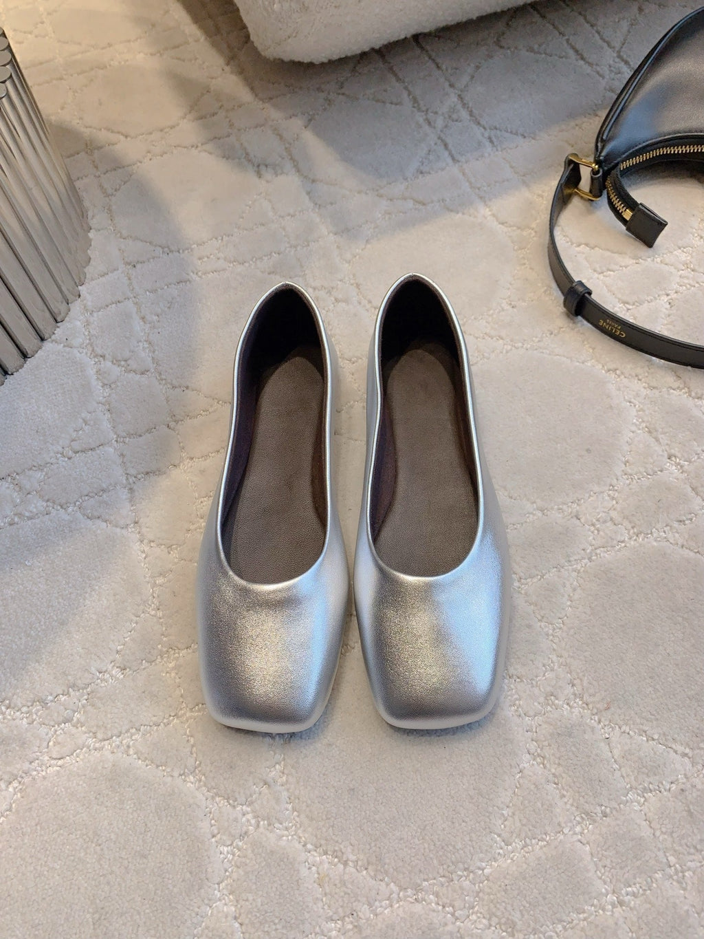 The Row 2025 Square-toe Ballet Flat Silver Sheepskin 557428