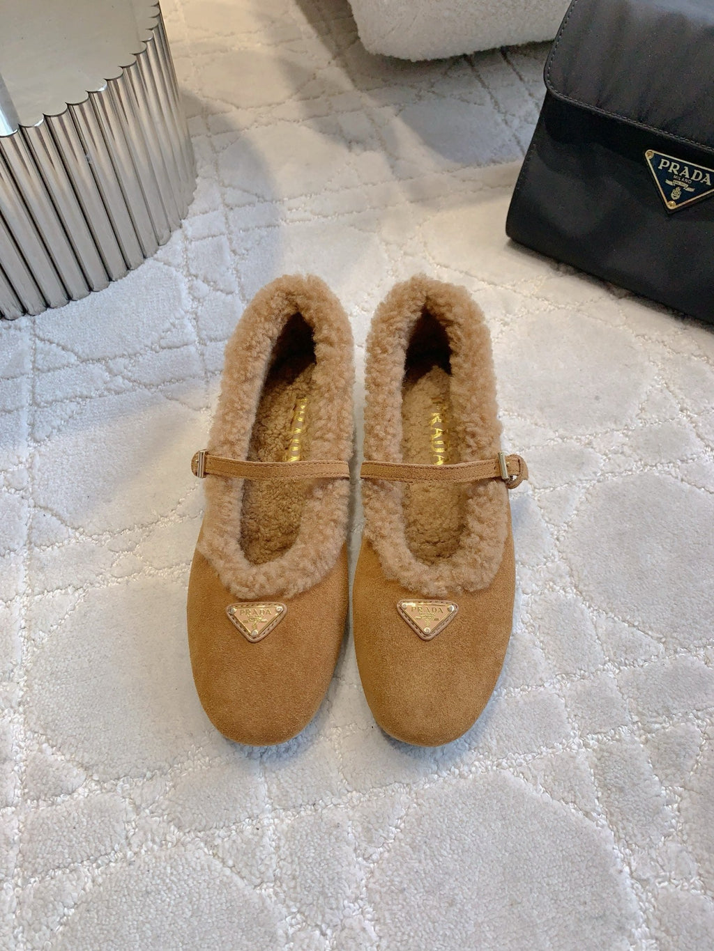 Pra 2025 Fur-lined Flat Tan Suede Wool 557121