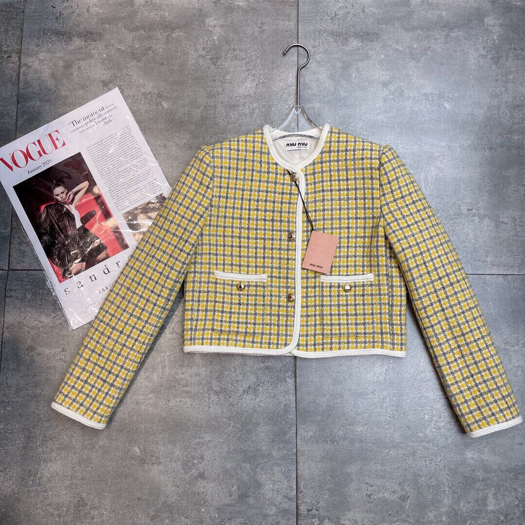 Miumiu 2025 Round Neck Long-sleeved Coat Yellow Wool