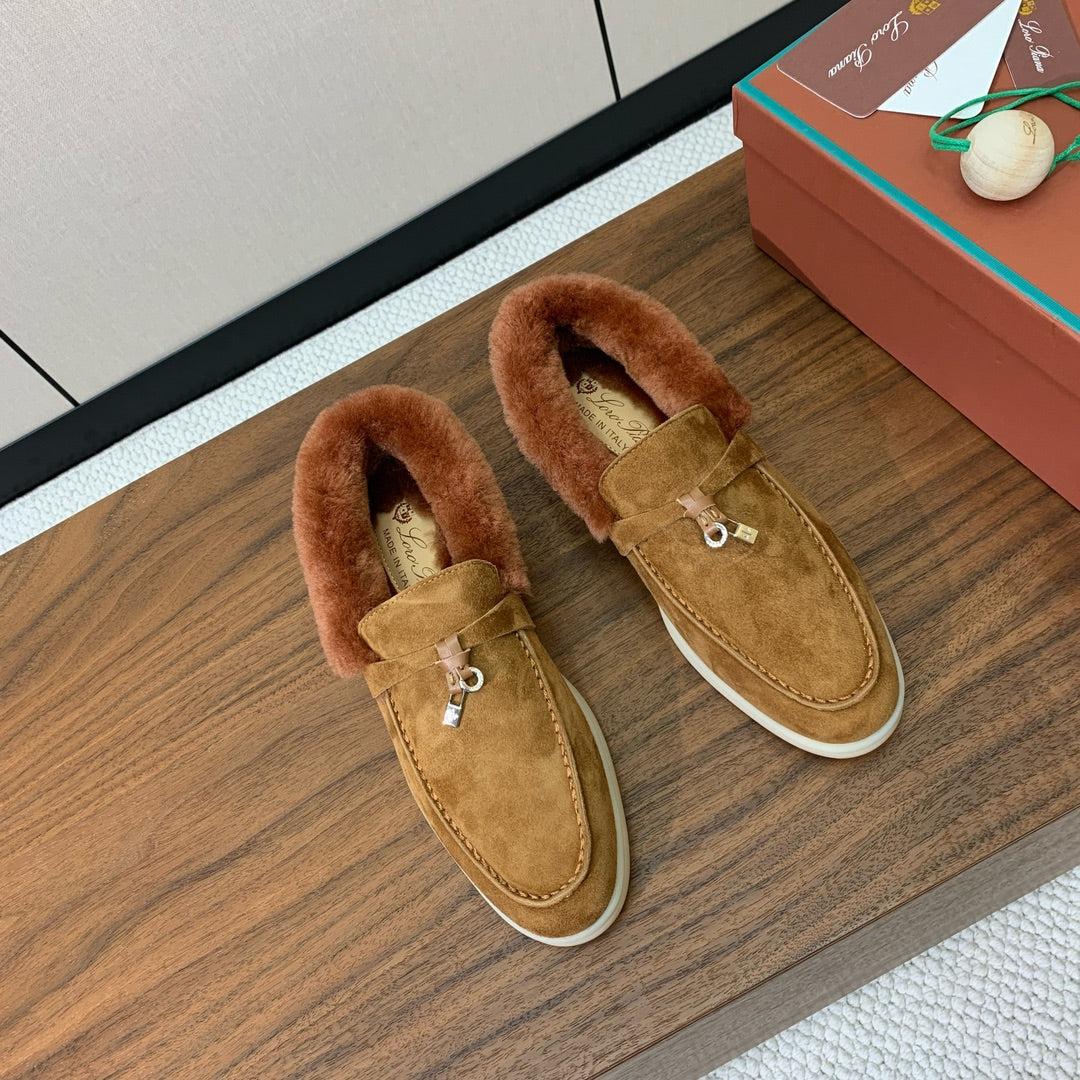 LP Summer Charms Walk Loafers Brown Suede & Tan Brown Rabbit Fur 549535