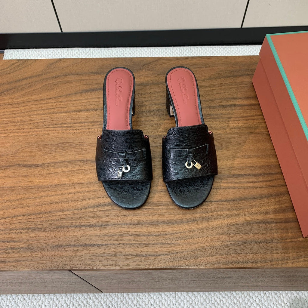 LP 2025 Sandal Black Ostrich-patterned Cowhide Leather 357859