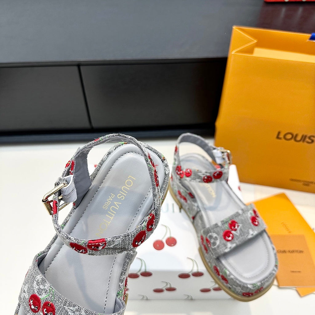 LV Maya Platform Sandals Cherry Motif 6cm Grey Cowhide Denim 572496