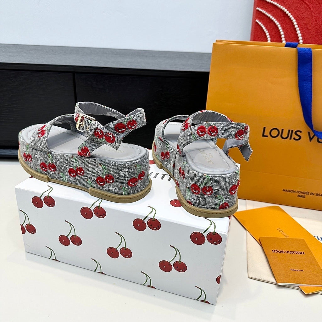 LV Maya Platform Sandals Cherry Motif 6cm Grey Cowhide Denim 572496
