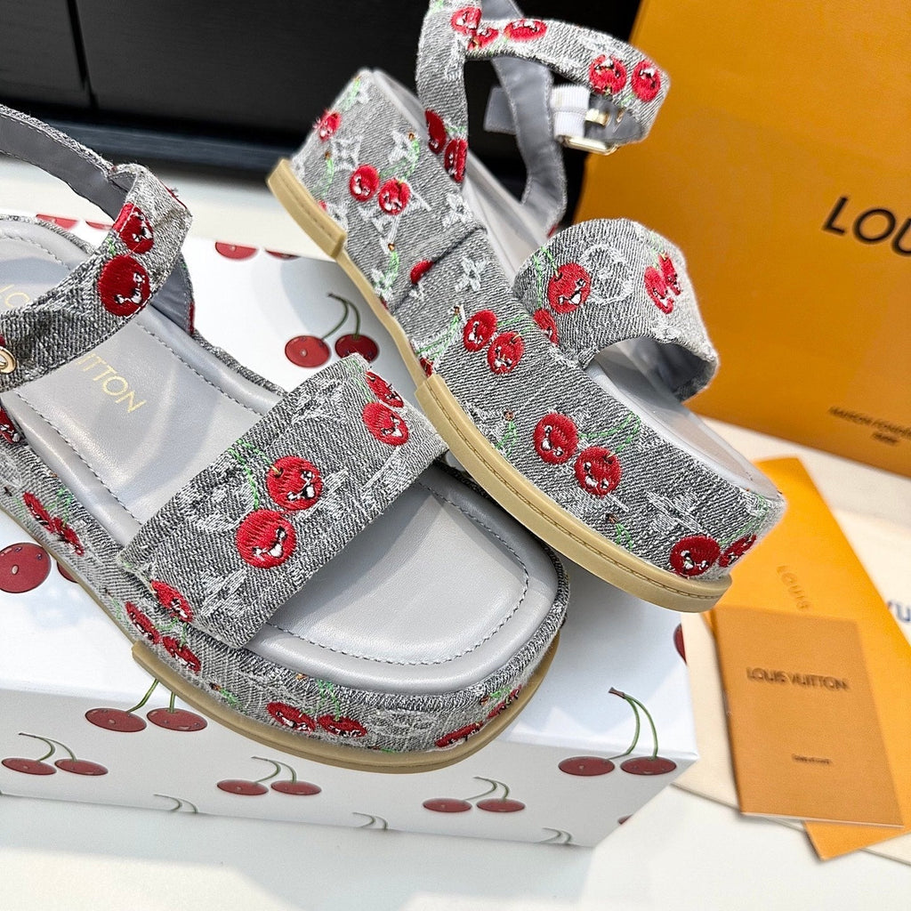 LV Maya Platform Sandals Cherry Motif 6cm Grey Cowhide Denim 572496