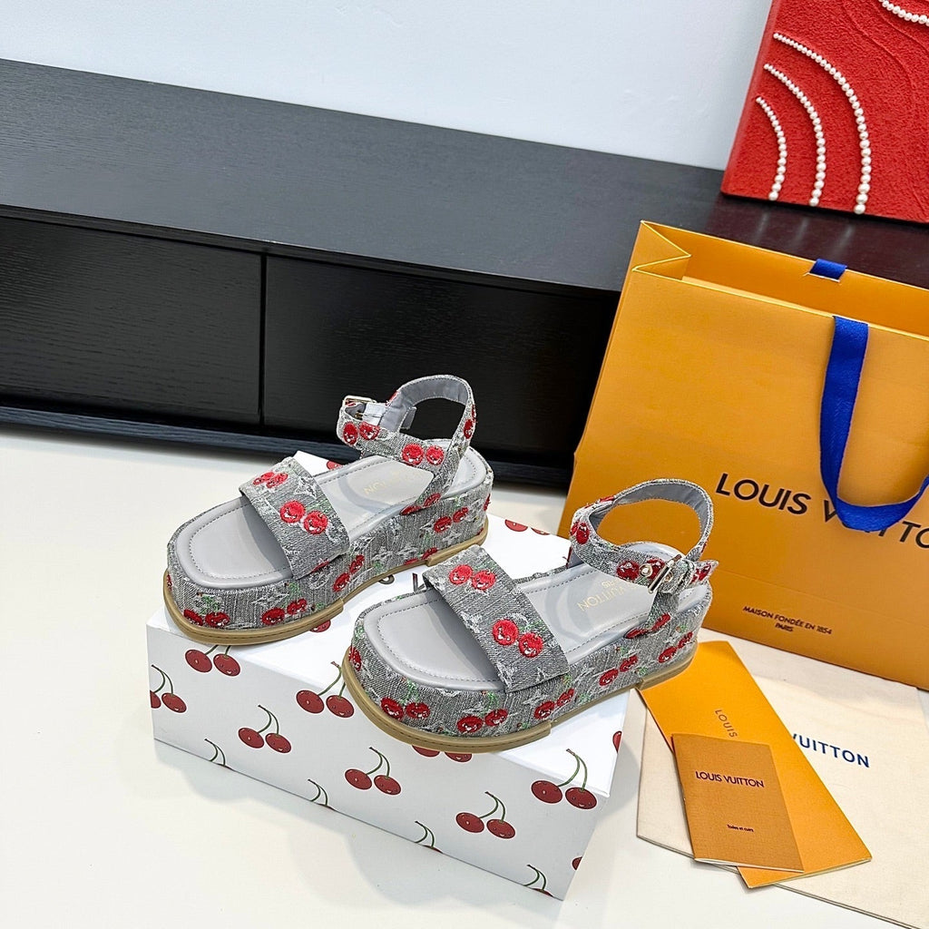 LV Maya Platform Sandals Cherry Motif 6cm Grey Cowhide Denim 572496