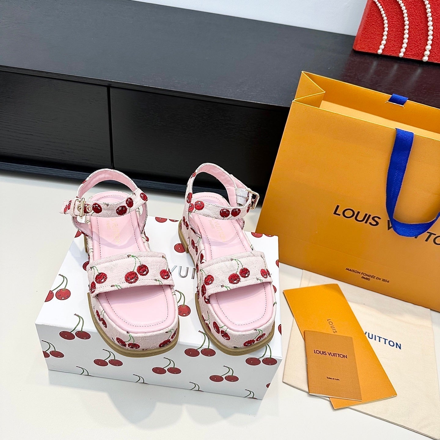 LV Maya Platform Sandals Cherry Motif 6cm Pink Cowhide Denim 572497