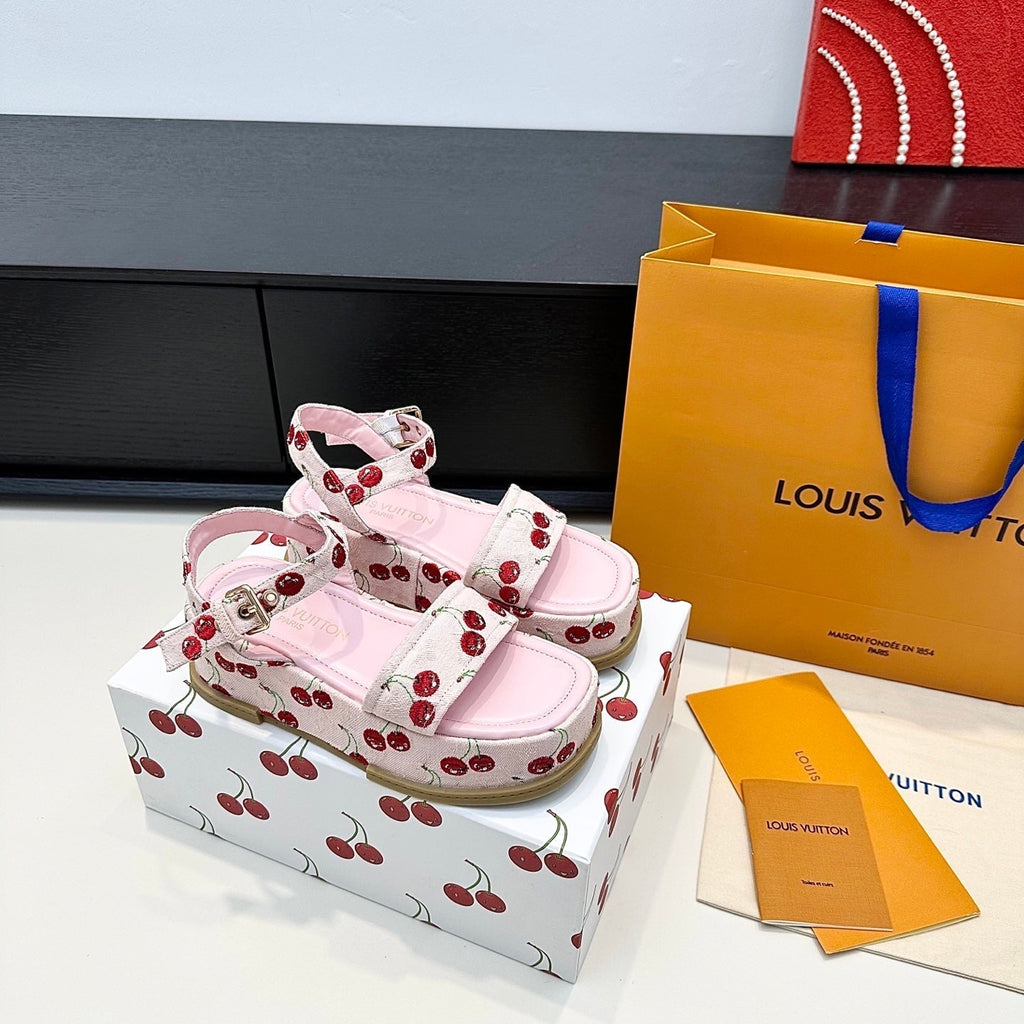 LV Maya Platform Sandals Cherry Motif 6cm Pink Cowhide Denim 572497