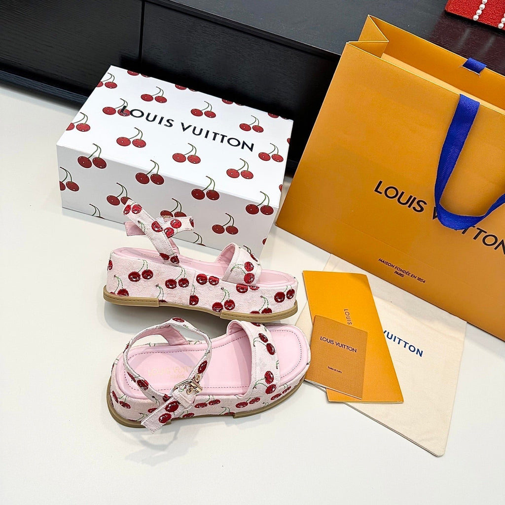LV Maya Platform Sandals Cherry Motif 6cm Pink Cowhide Denim 572497