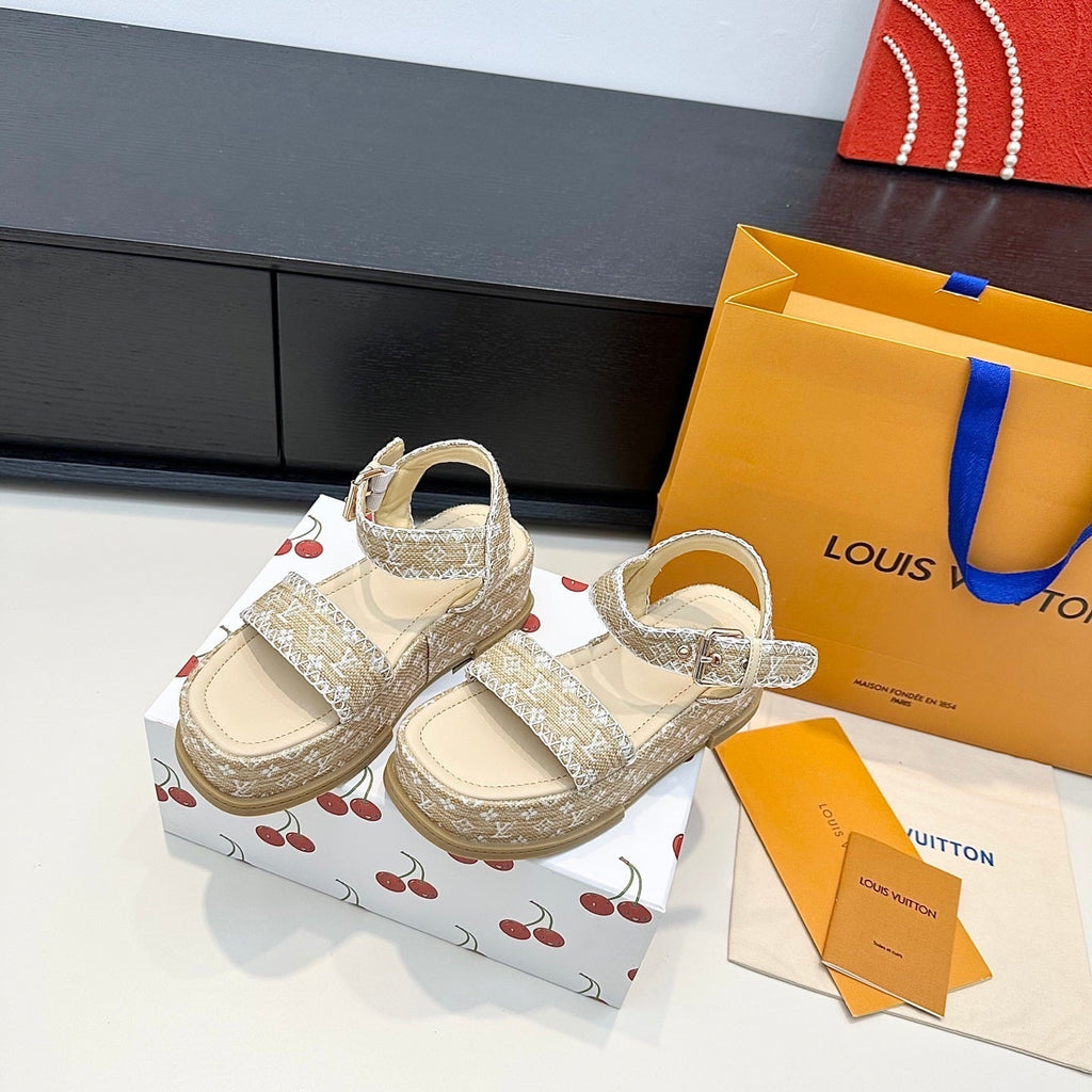 LV Maya Platform Sandals 6cm Beige Cowhide Denim 572498
