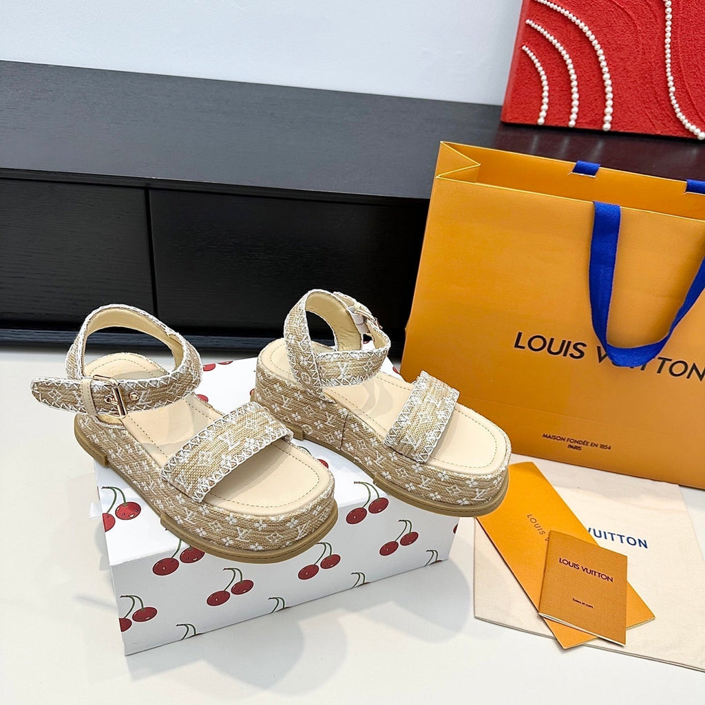 LV Maya Platform Sandals 6cm Beige Cowhide Denim 572498