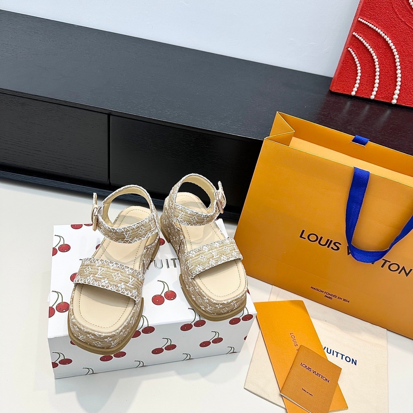 LV Maya Platform Sandals 6cm Beige Cowhide Denim 572498