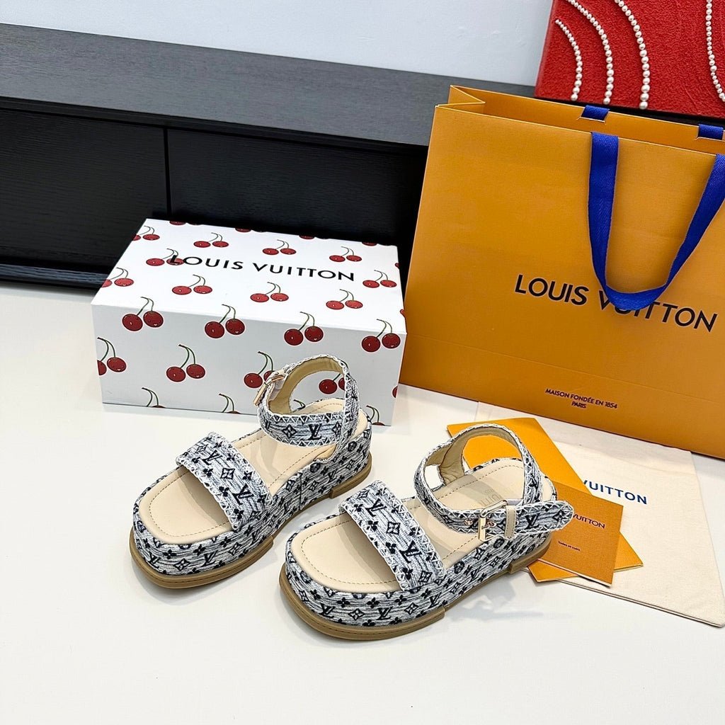 LV Maya Platform Sandals 6cm Grey Denim Beige Cowhide 572499