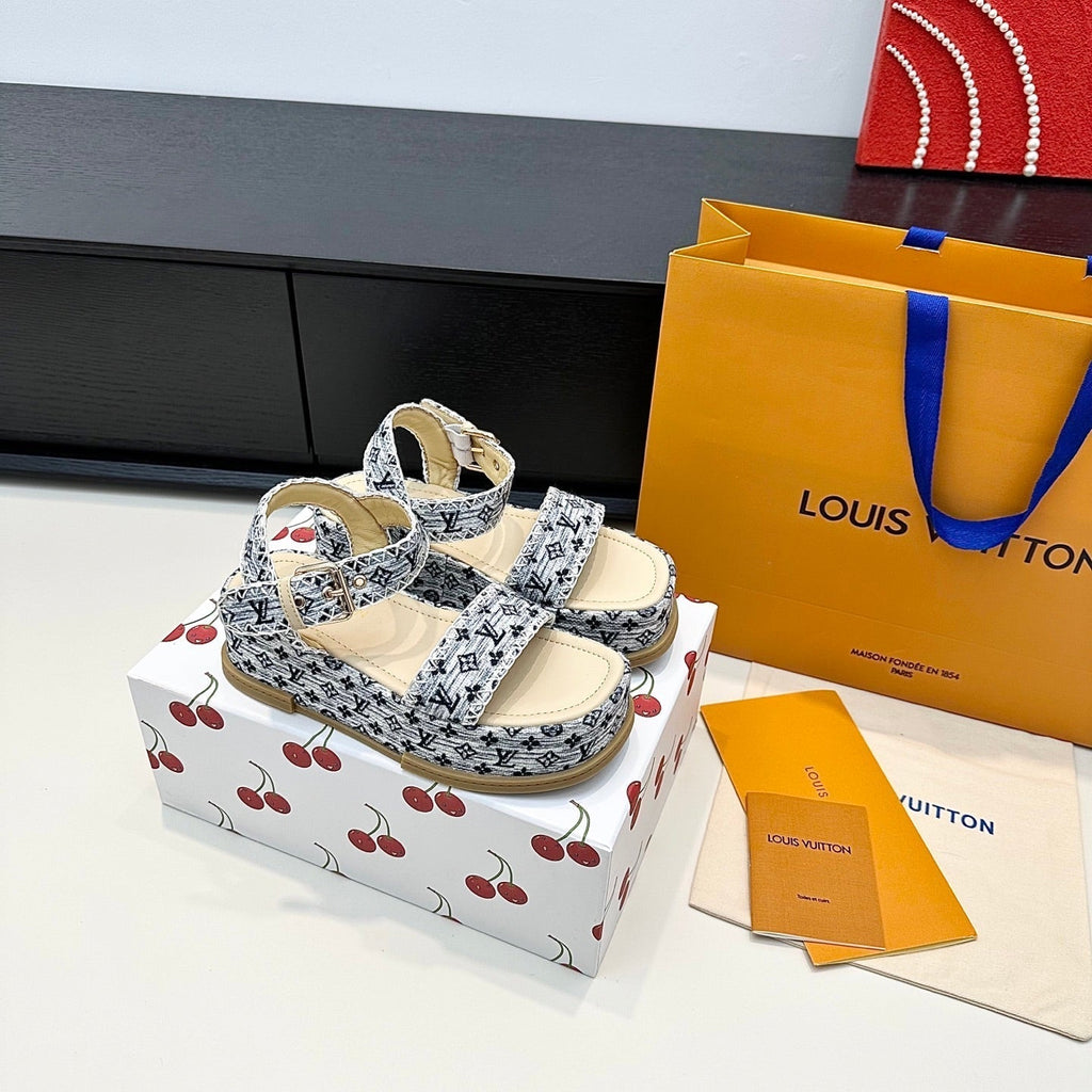 LV Maya Platform Sandals 6cm Grey Denim Beige Cowhide 572499