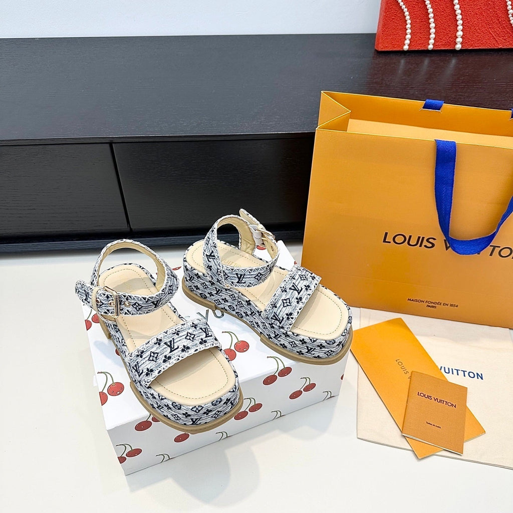 LV Maya Platform Sandals 6cm Grey Denim Beige Cowhide 572499