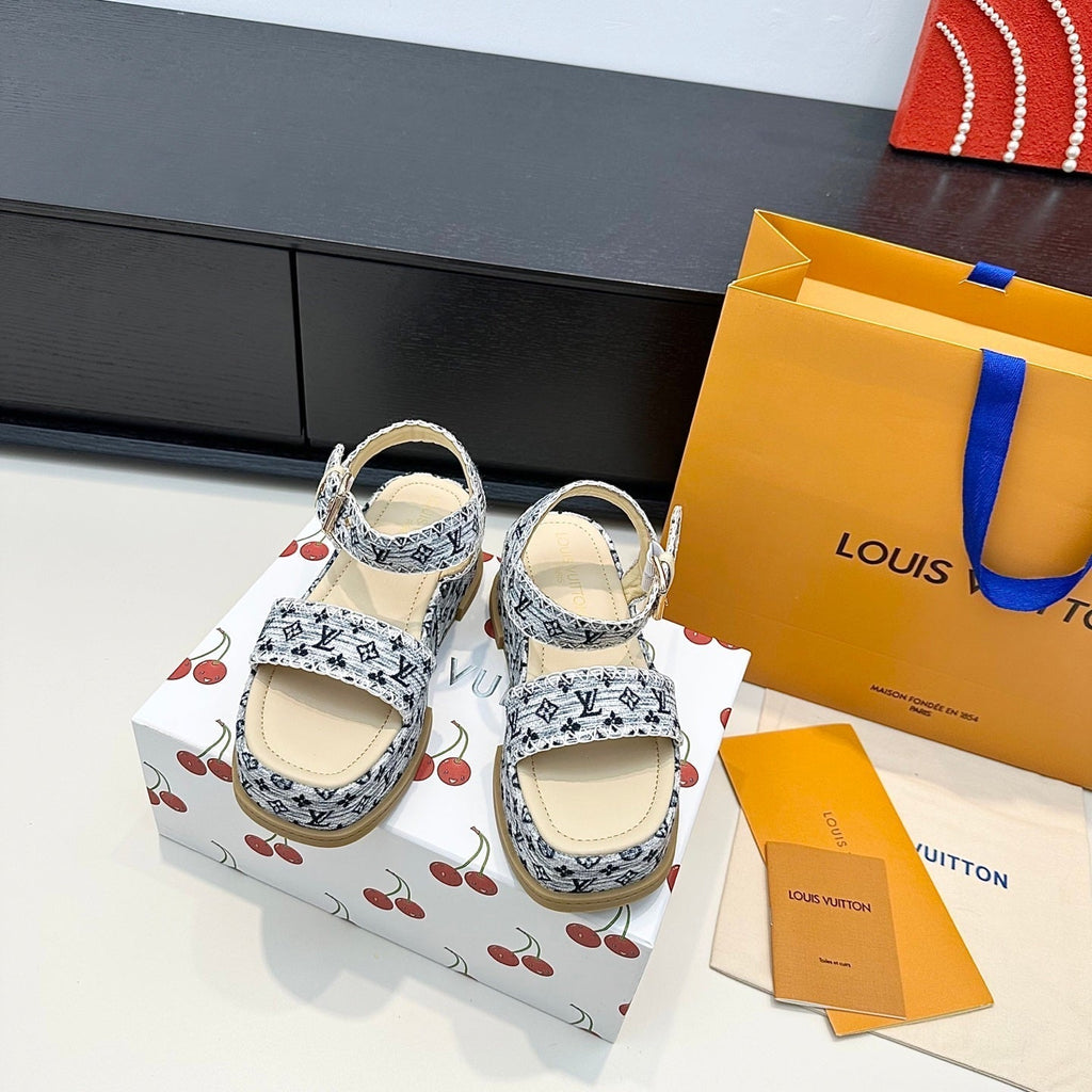 LV Maya Platform Sandals 6cm Grey Denim Beige Cowhide 572499