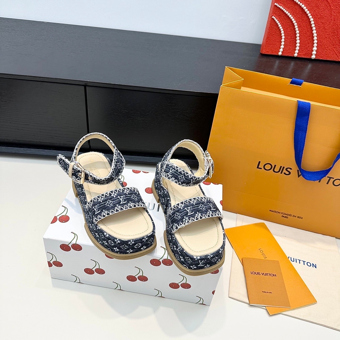 LV Maya Platform Sandals 6cm Blue Denim Beige Cowhide 572500