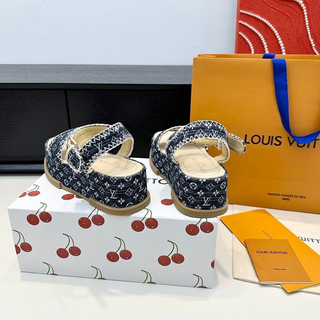 LV Maya Platform Sandals 6cm Blue Denim Beige Cowhide 572500