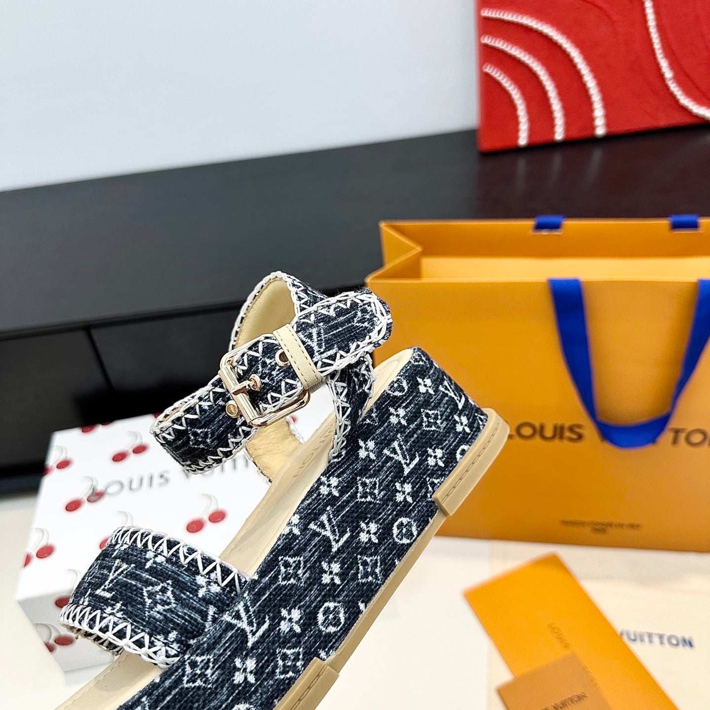 LV Maya Platform Sandals 6cm Blue Denim Beige Cowhide 572500