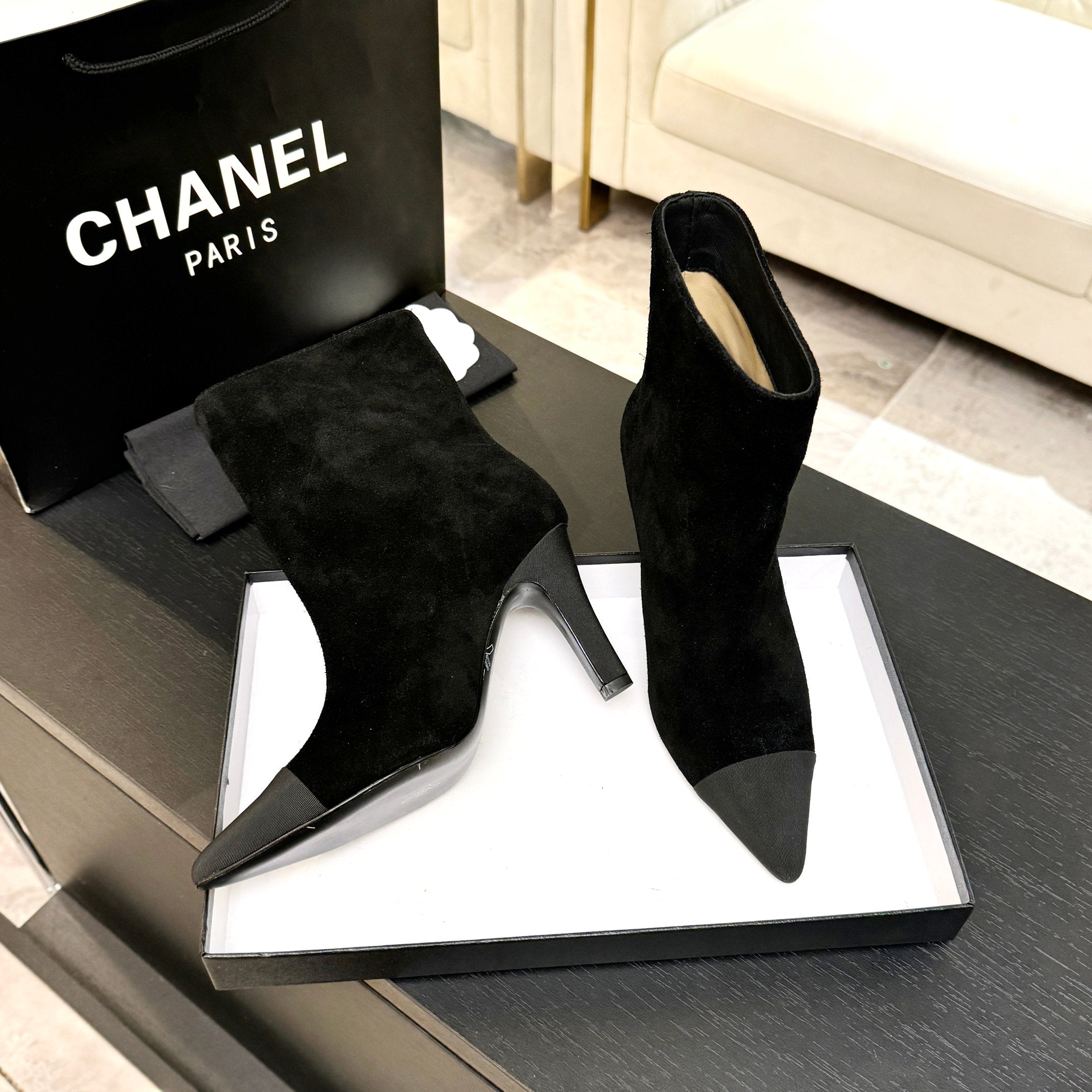 CC Gabrielle Chanel Ankle Boots 8.5cm Black Suede Black Fabric