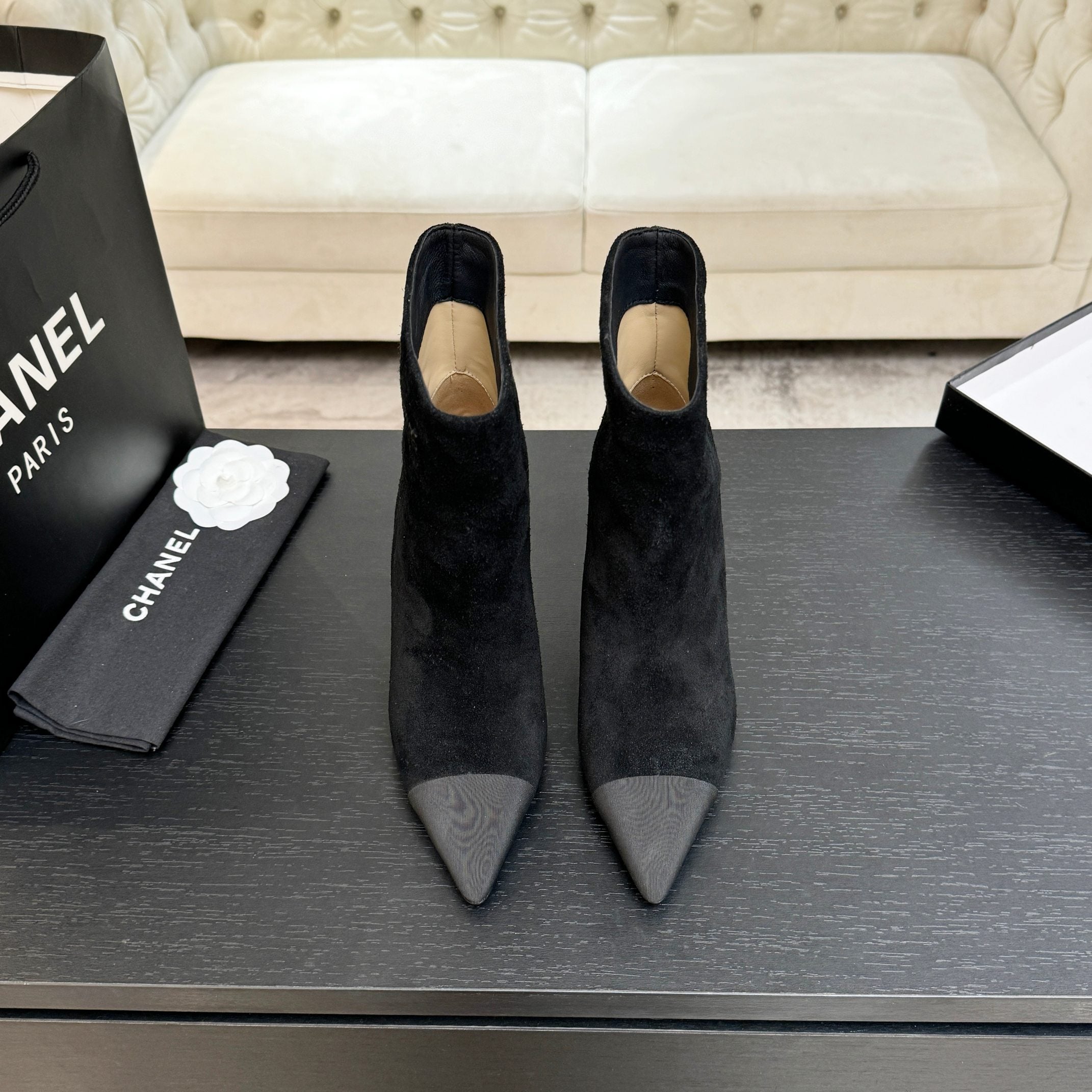 CC Gabrielle Chanel Ankle Boots 8.5cm Black Suede Black Fabric