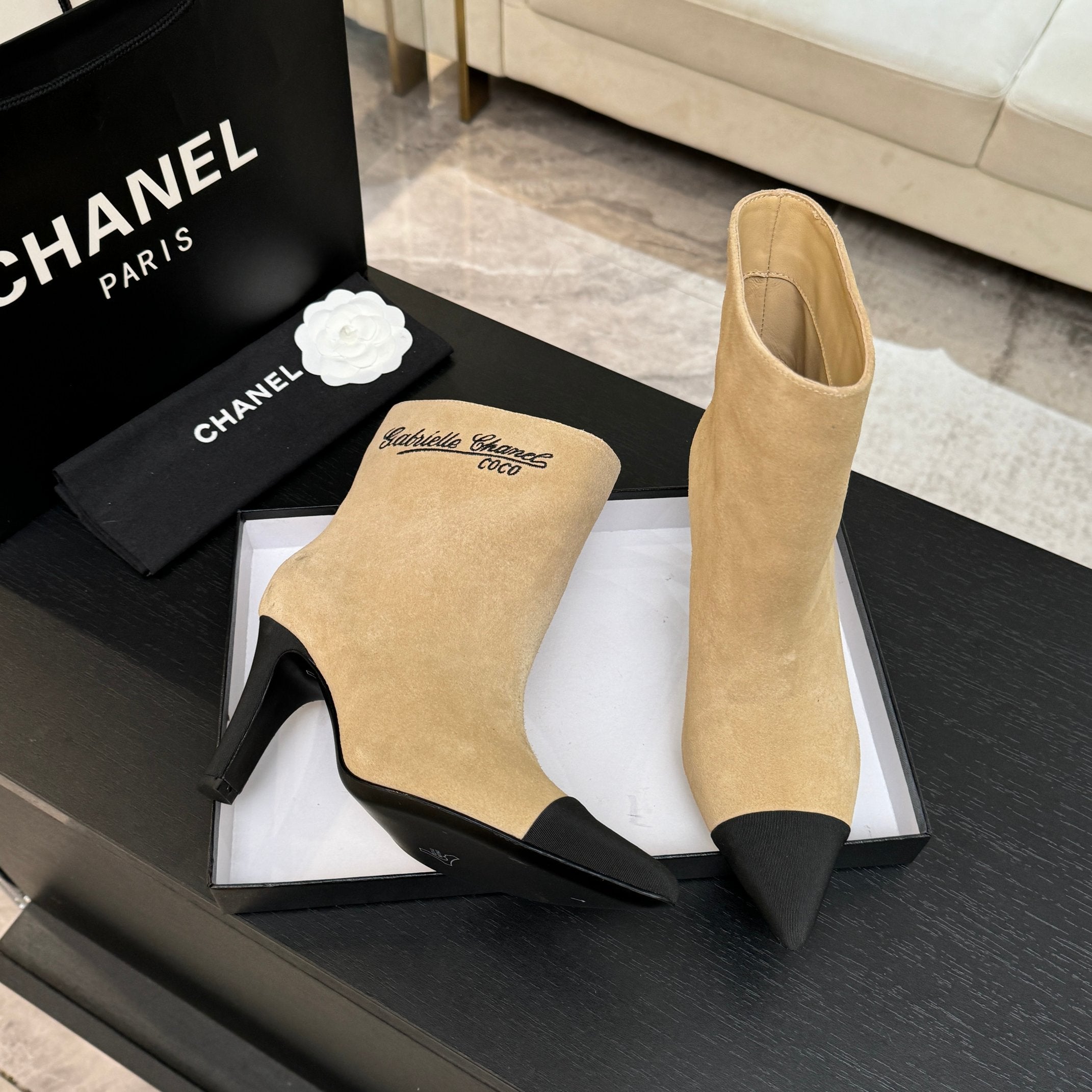 CC Gabrielle Chanel Ankle Boots 8.5cm Beige Suede Black Fabric