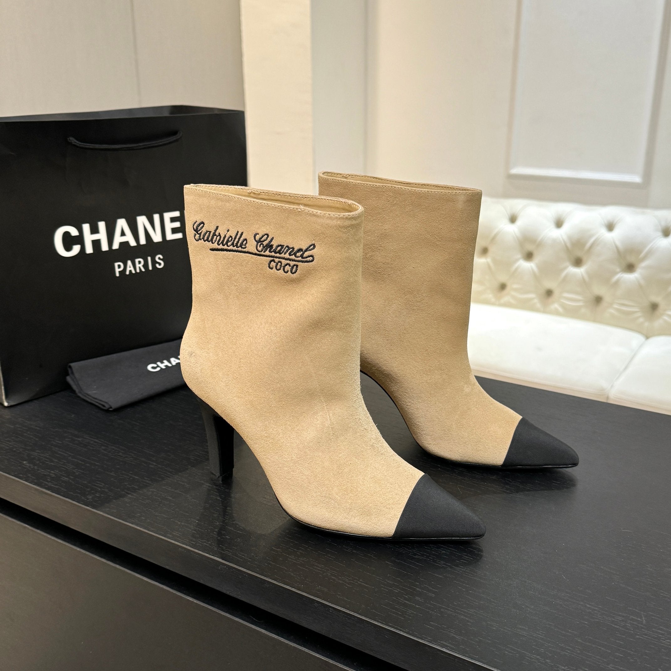 CC Gabrielle Chanel Ankle Boots 8.5cm Beige Suede Black Fabric