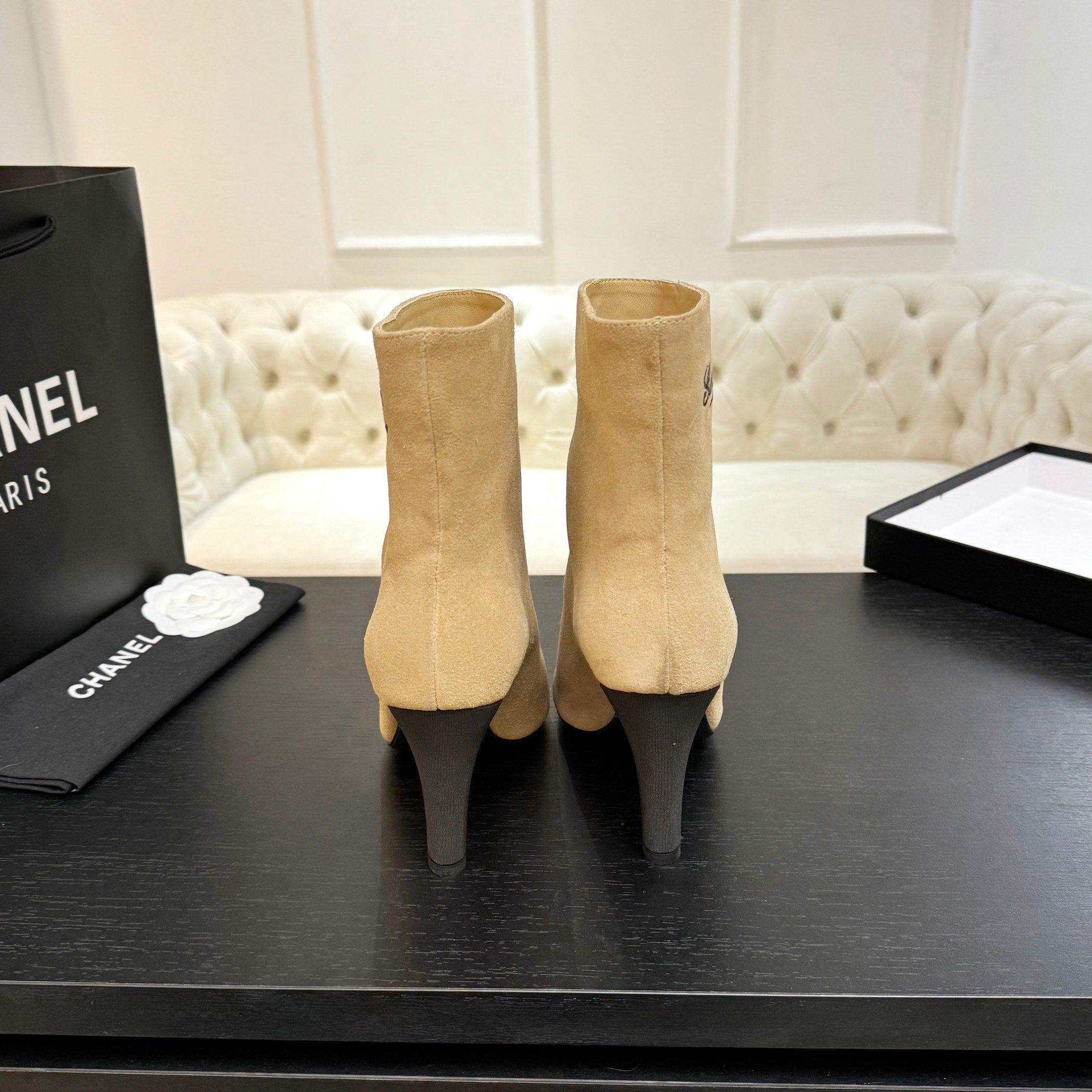 CC Gabrielle Chanel Ankle Boots 8.5cm Beige Suede Black Fabric