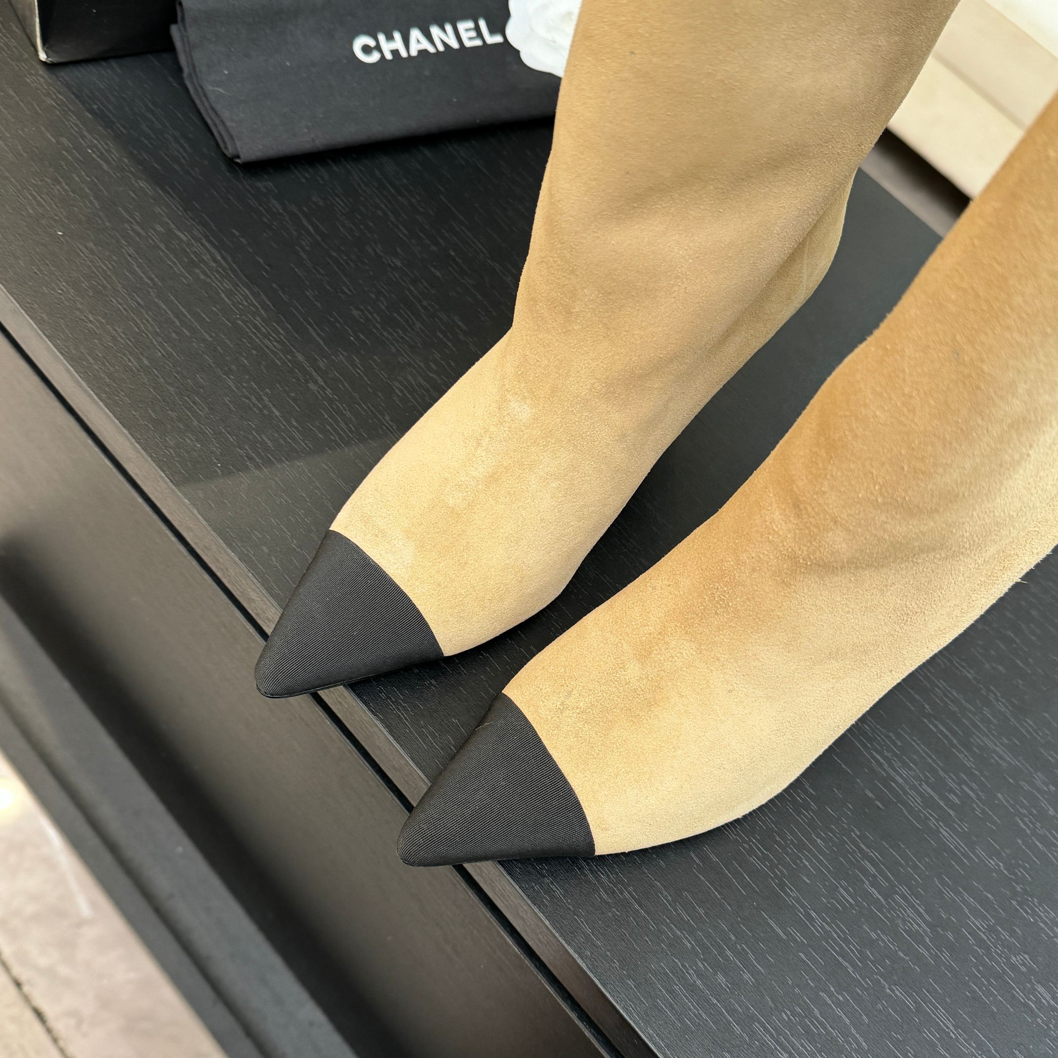 CC Gabrielle Chanel Boots 8.5cm Beige Suede Black Fabric