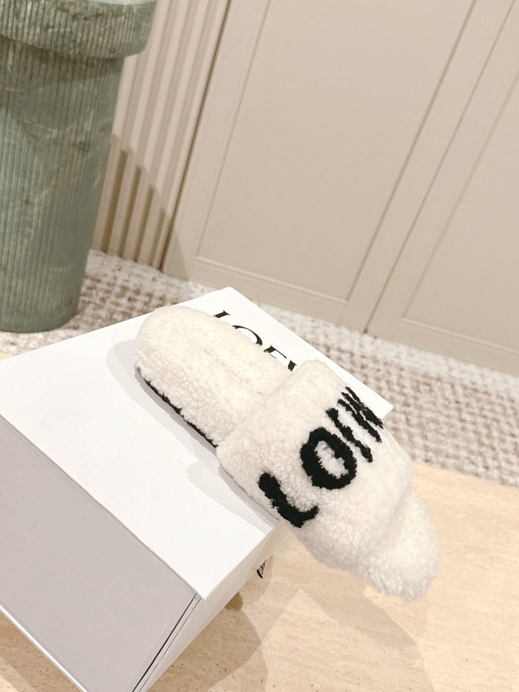 Loewe 2025 Fur Slipper White Black Wool 556014
