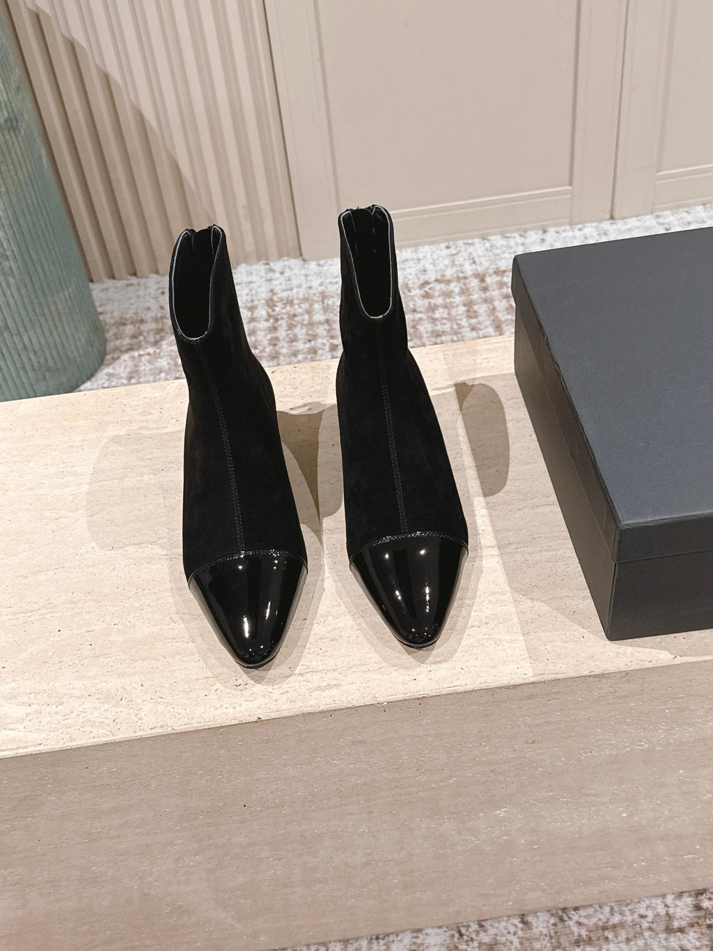 Alaia 2025 Ankle Boot With Patent Leather Cap Toe Black Suede 556086