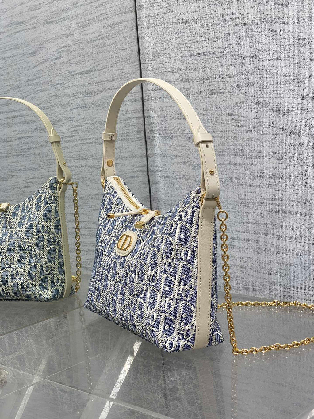 Dior 2025 Bag 19cm Blue mix White Oblique Fabric mix Leather 272832