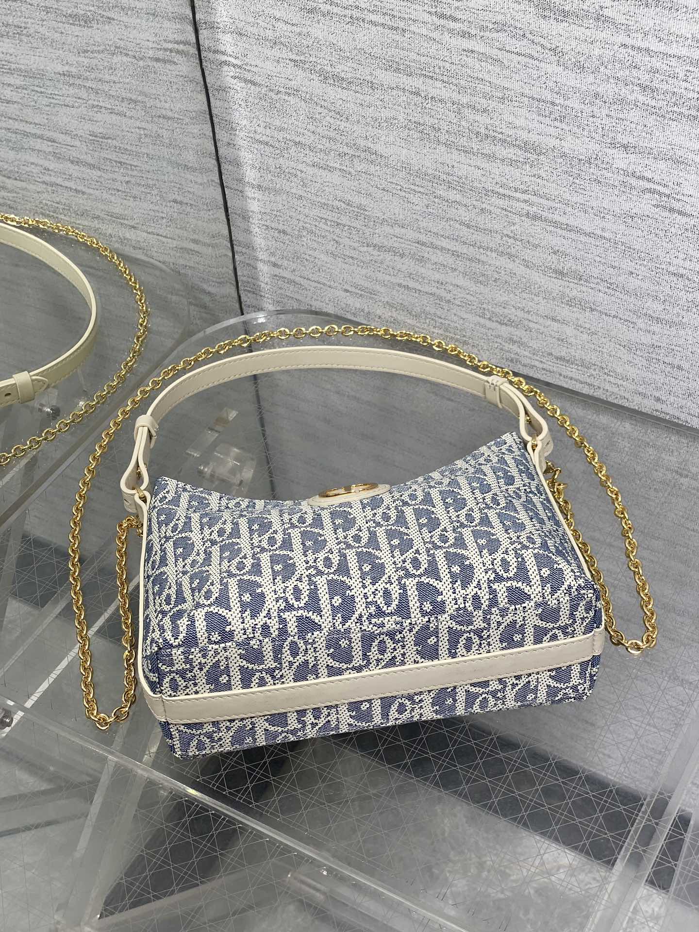 Dior 2025 Bag 19cm Blue mix White Oblique Fabric mix Leather 272832
