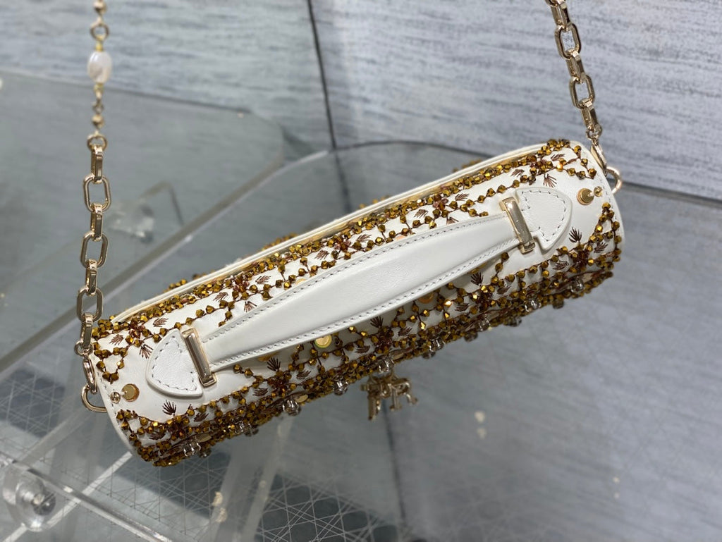 Dior 2025 Microbead Sequin Embroidery Bag 21cm White Gold Calfskin 270503