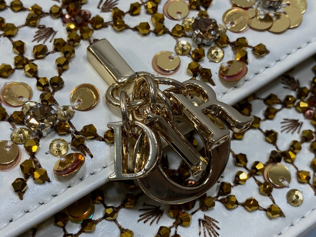 Dior 2025 Microbead Sequin Embroidery Bag 21cm White Gold Calfskin 270503