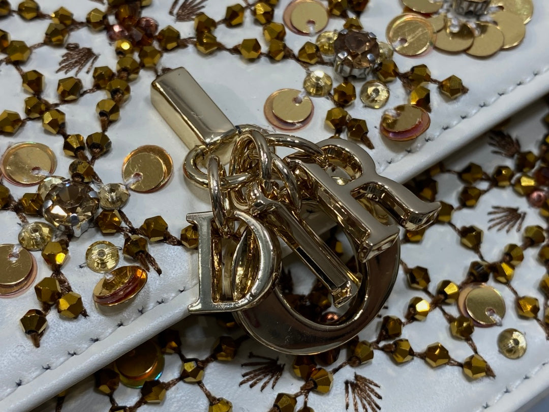 Dior 2025 Microbead Sequin Embroidery Bag 21cm White Gold Calfskin 270503