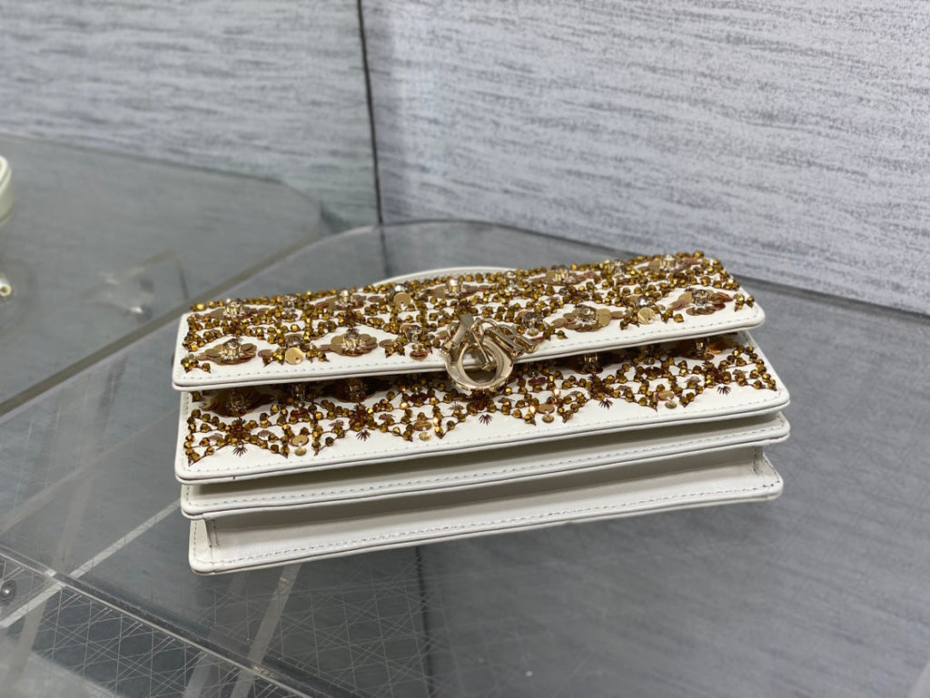 Dior 2025 Microbead Sequin Embroidery Bag 21cm White Gold Calfskin 270503