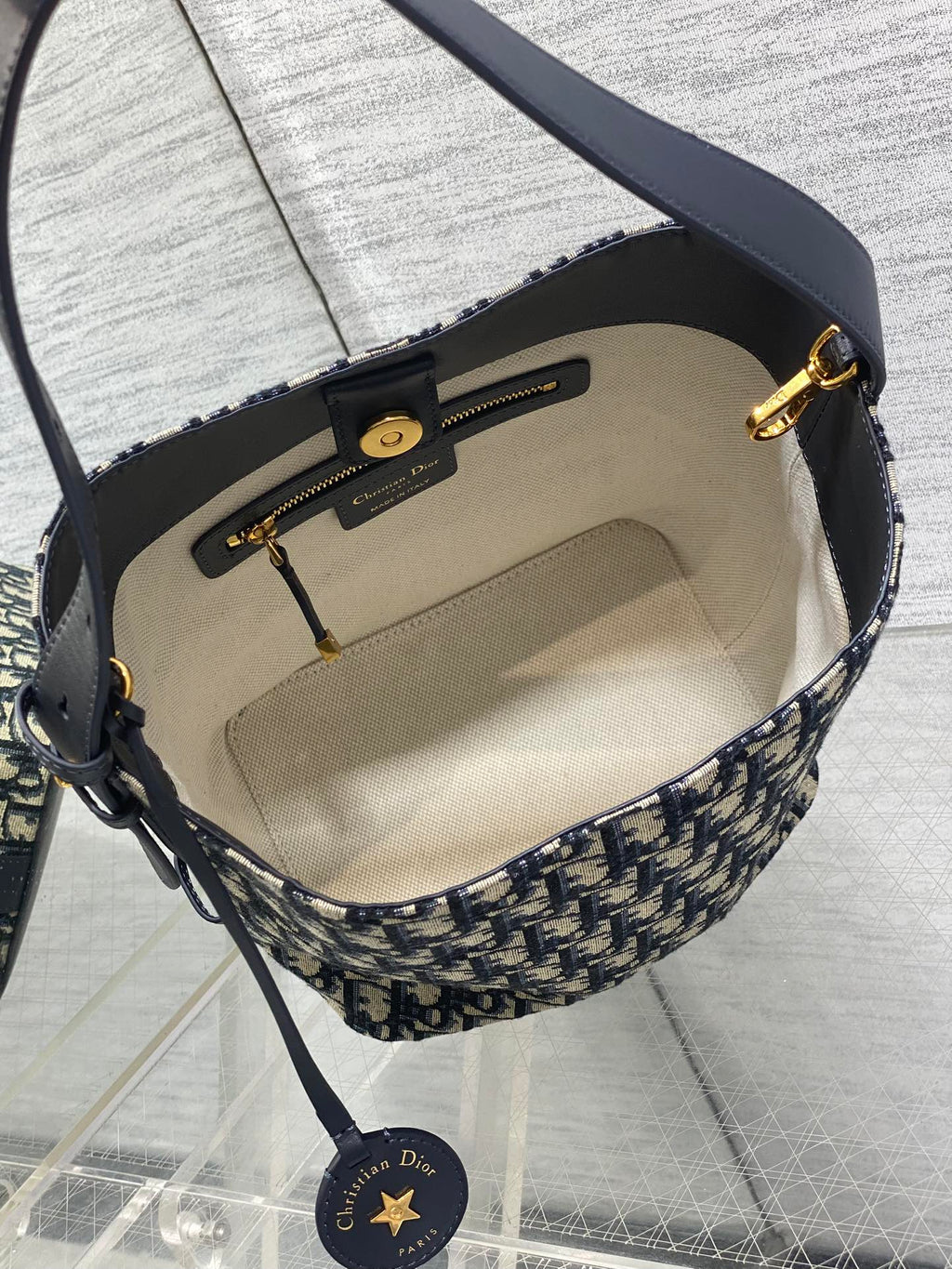 Dior 2025 Star Bucket Bag Navy Blue mix Beige Canvas Leather 270450