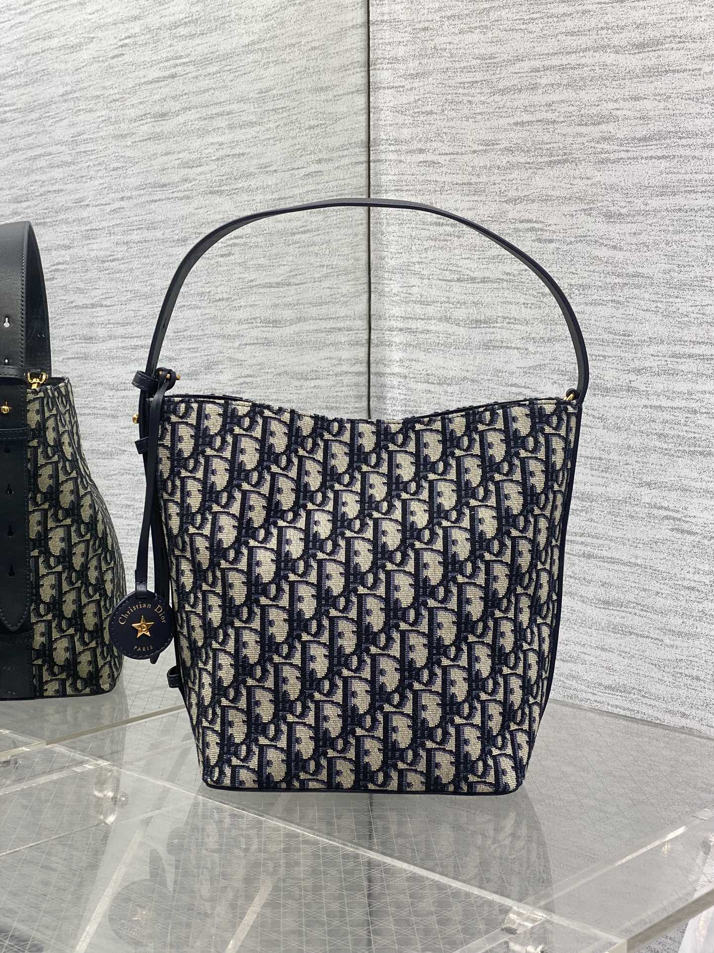 Dior 2025 Star Bucket Bag Navy Blue mix Beige Canvas Leather 270450