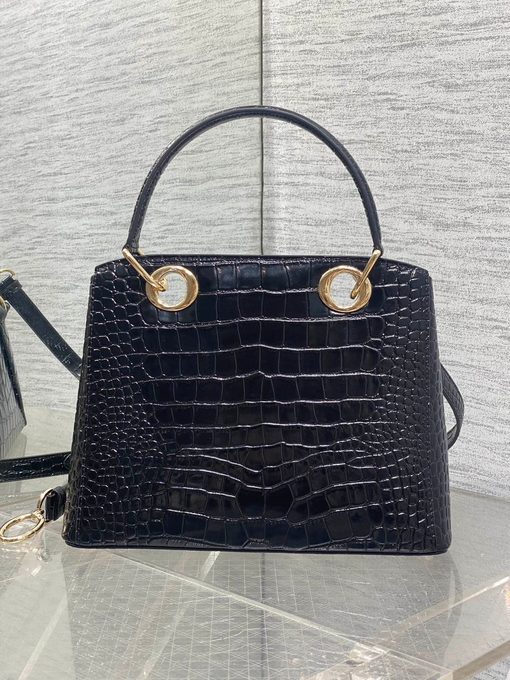 Dior 2025 Crocodile Pattern Bag 28cm Black Leather 272521